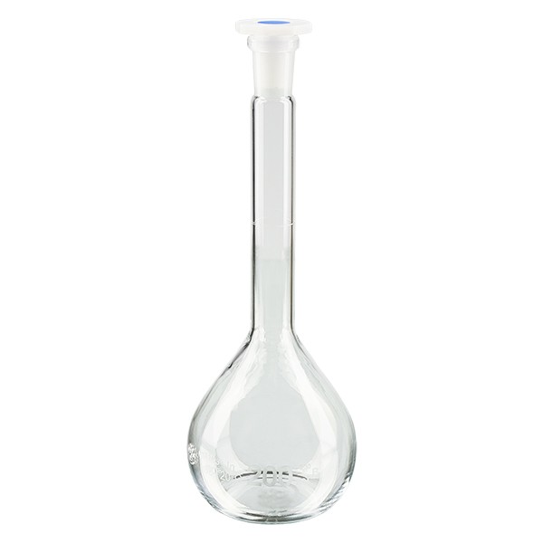 Matracci tarati 200 ml con smerigliatura normalizzata 14/23 in borosilicato con tappo in PEAD