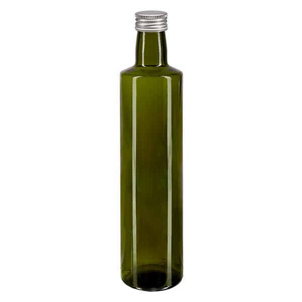 Bottiglia per olio da 500 ml forma rotonda verde oliva incl. tappo a vite in alluminio color argento (PP 31,5 mm)