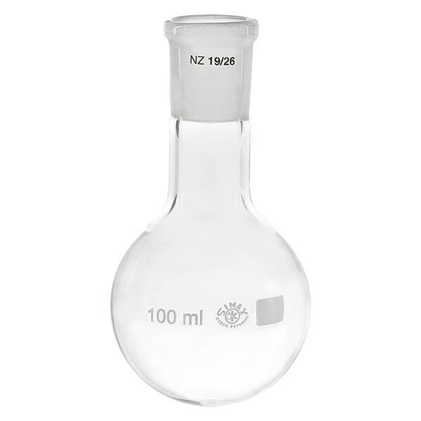 Matracci a fondo tondo 100 ml in borosilicato, con collo stretto e smerigliatura normalizzata 19/26