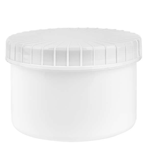 Barattolo in plastica 250 ml colore bianco con tappo a vite scanalato di colore bianco in PE, tipo di chiusura standard