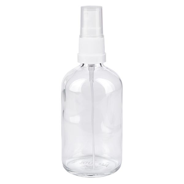Flacone in vetro trasparente 100 ml con nebulizzatore a pompa colore bianco