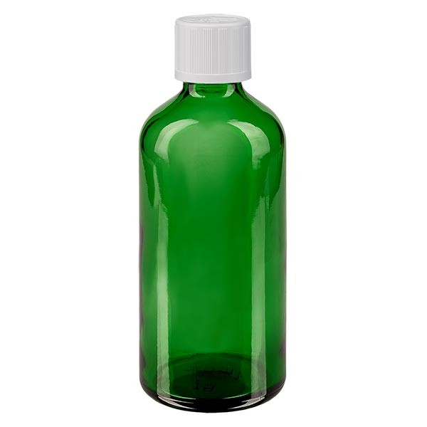Flacone da farmacia 100 ml colore verde con tappo contagocce standard colore bianco, dispositivo di blocco per i bambini
