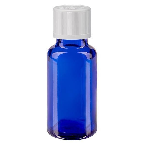 Flacone da farmacia 20 ml colore blu con tappo a vite standard colore bianco, dispositivo di blocco per i bambini