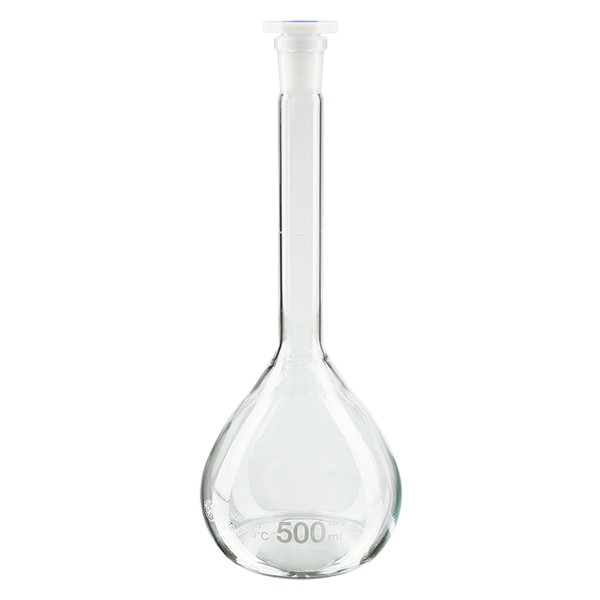 Matracci tarati 500 ml con smerigliatura normalizzata 19/26 in borosilicato con tappo in PEAD