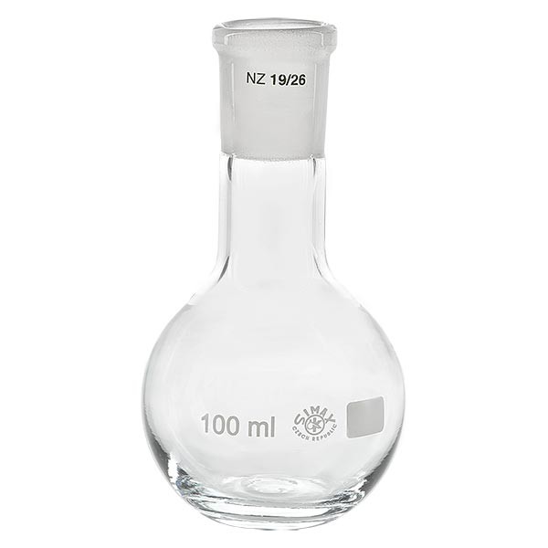 Matracci a fondo piatto 100 ml in borosilicato a collo stretto con smerigliatura normalizzata 19/26