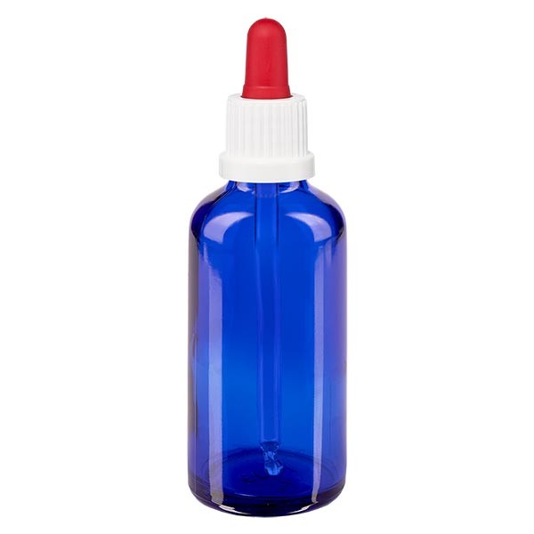 Flacone con pipetta colore blu 50 ml, pipetta antimanomissione colore bianco/rosso