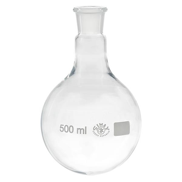 Matracci a fondo tondo 500 ml in borosilicato, con collo largo e smerigliatura normalizzata 29/32