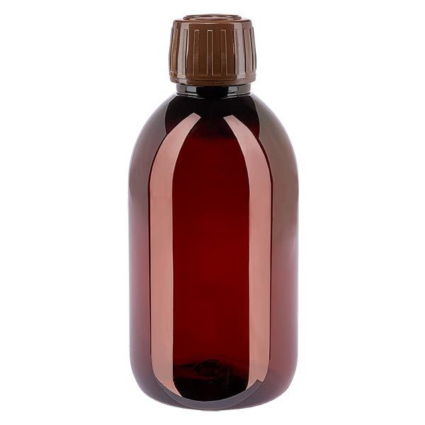 Bottiglia di medicina PET 250ml marrone (bottiglia Veral) PP28, con OV marrone
