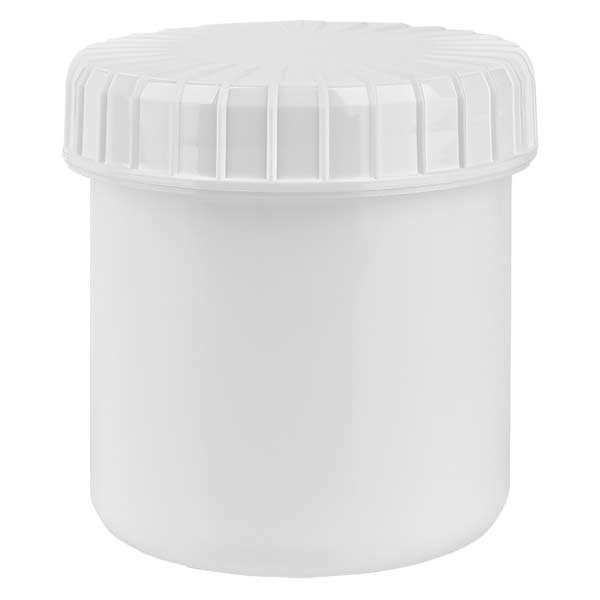 Barattolo in plastica 75 ml colore bianco con tappo a vite scanalato di colore bianco in PE, tipo di chiusura standard