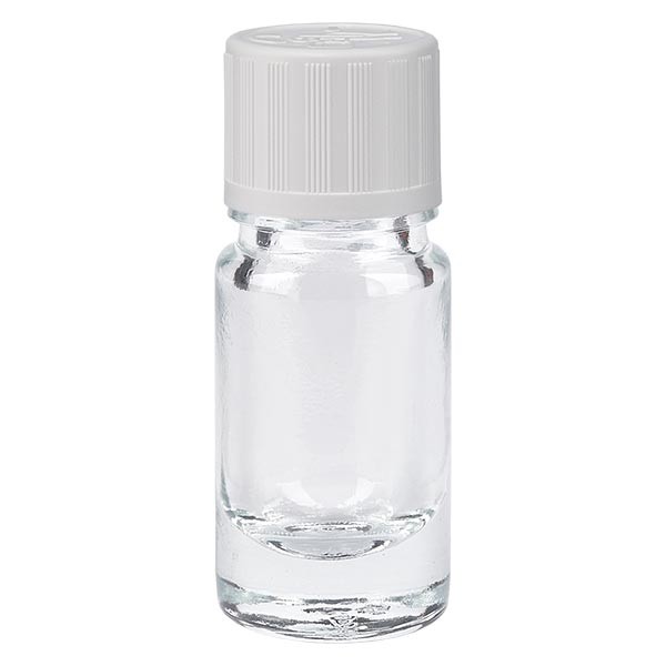 Flacone da farmacia 5 ml trasparente tappo a vite standard colore bianco, dispositivo di blocco per i bambini