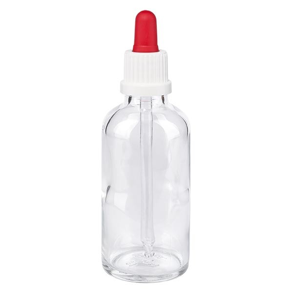Flacone con pipetta colore transparente 50 ml, pipetta antimanomissione colore bianco/rosso
