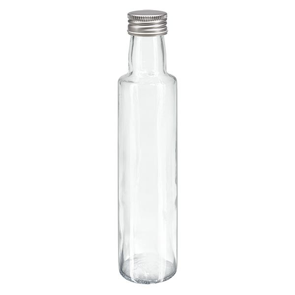 Bottiglia per olio da 250 ml forma rotonda transparente incl. tappo a vite in alluminio color argento (PP 31,5 mm)