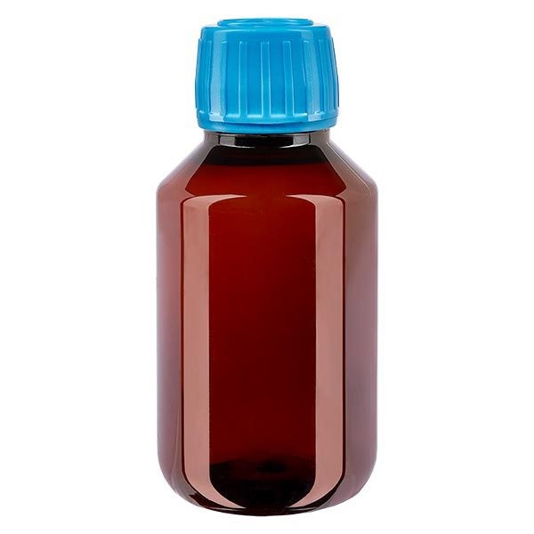 Bottiglia di medicina PET 100ml marrone (bottiglia Veral) PP28, con OV blu