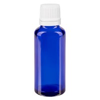 Flacone da farmacia 30 ml colore blu con tappo contagocce 1,2 mm antimanomissione colore bianco Flacone da farmacia 30 ml colore blu con tappo contagocce 1,2 mm antimanomissione colore bianco