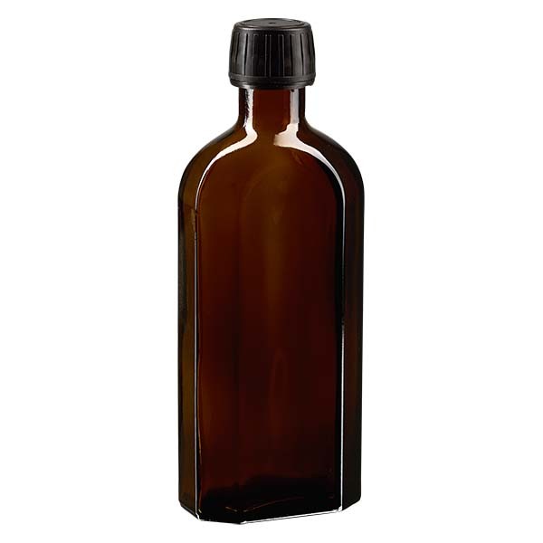 Bottiglia Meplat 250 ml colore marrone con imboccatura DIN 28, tappo a vite colore nero DIN 28 antimanomissione in
