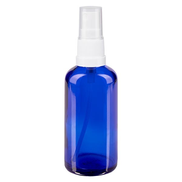 Flacone in vetro blu 50 ml con nebulizzatore a pompa bianco