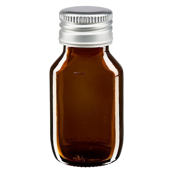 Flacone per medicinali 50 ml colore marrone con tappo in alluminio color argento
