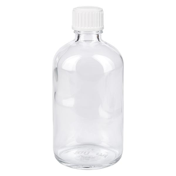 Flacone da farmacia 100 ml trasparente con tappo a vite standard colore bianco
