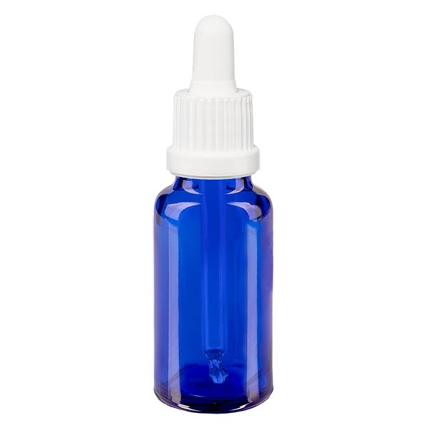 Flacone con pipetta 20 ml colore blu, pipetta antimanomissione colore bianco