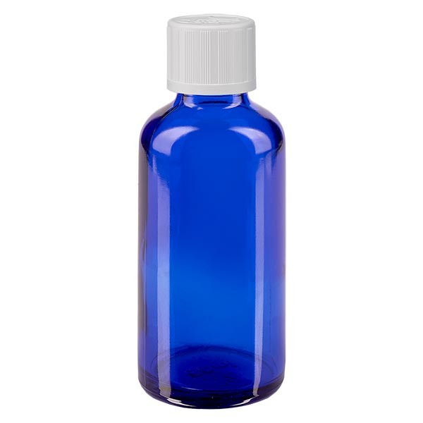 Flacone da farmacia 50 ml colore blu con tappo a vite standard colore bianco, dispositivo di blocco per i bambini