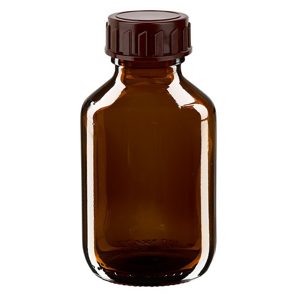Flacone per medicinali 100 ml colore marrone, secondo gli standard europei, con tappo colore marrone