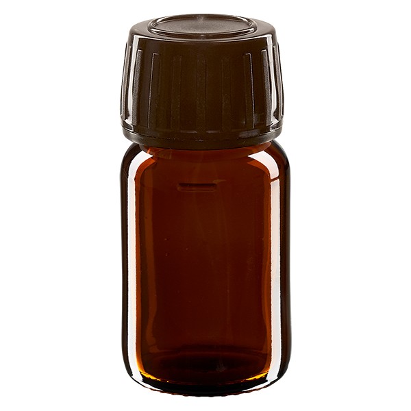 Flacone per medicinali secondo gli standard europei 30 ml colore marrone con tappo a vite antimanomissione di colore marrone