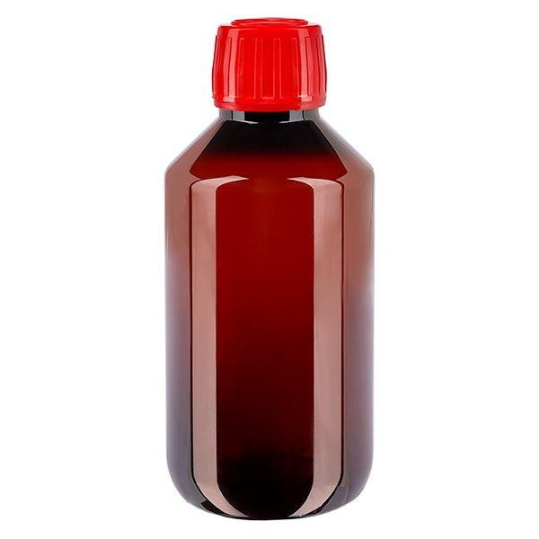 Bottiglia di medicina PET 200ml marrone (bottiglia Veral) PP28, con OV rosso