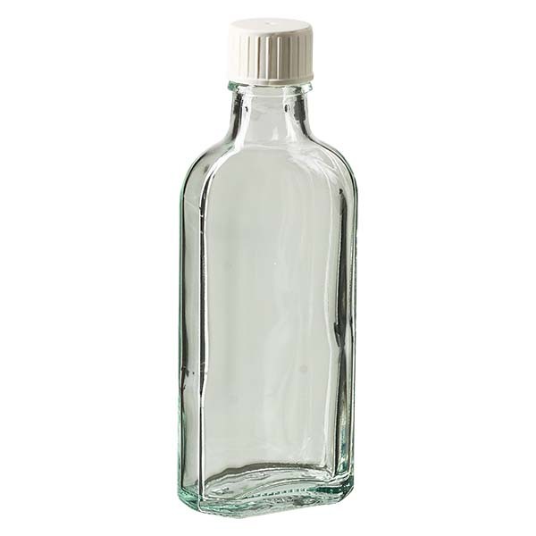 Bottiglia Meplat 100 ml colore bianco con imboccatura DIN 22, tappo a vite  colore bianco con anello salvagoccia, bottiglie in vetro Meplat bianco, Bottiglie in vetro Meplat