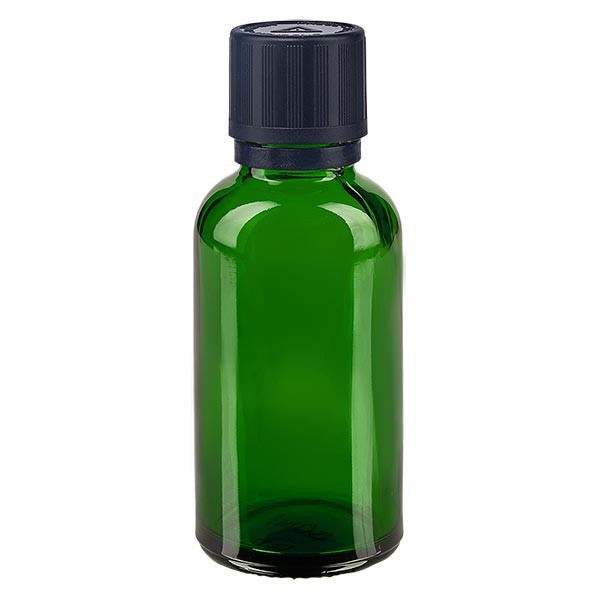 Flacone da farmacia 30 ml colore verde con tappo contagocce premium 1 mm, dispositivo di blocco per i bambini e simbolo di avvertimento per persone cieche, antimanomissione