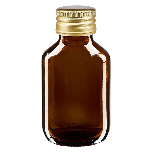 Flacone per medicinali secondo gli standard europei 100 ml colore marrone con tappo in alluminio color oro