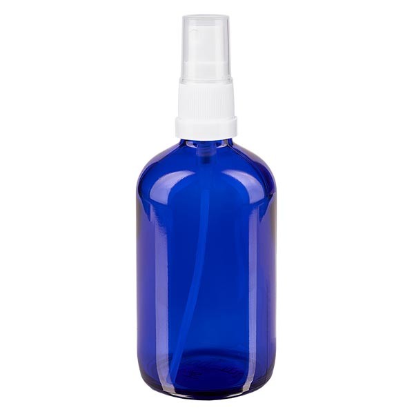 Flacone in vetro blu 100 ml con nebulizzatore a pompa bianco