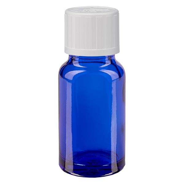 Flacone da farmacia 10 ml colore blu con tappo a vite standard colore bianco, dispositivo di blocco per i bambini