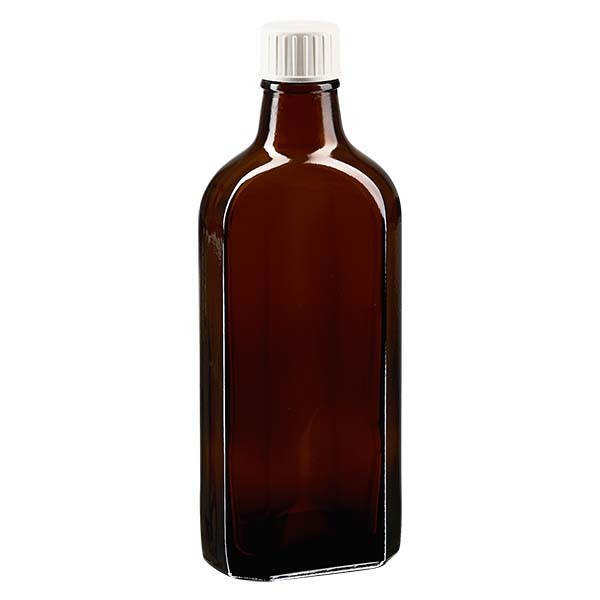 Bottiglia Meplat 200 ml colore marrone con imboccatura DIN 22, tappo a vite colore bianco DIN 22 con anello salvagoccia
