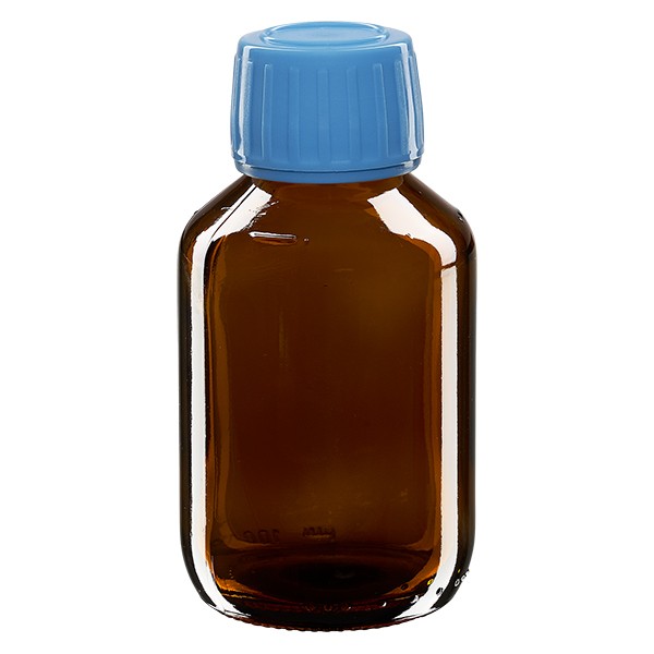 Flacone per medicinali secondo gli standard europei 100 ml colore marrone con tappo a vite antimanomissione di colore blu
