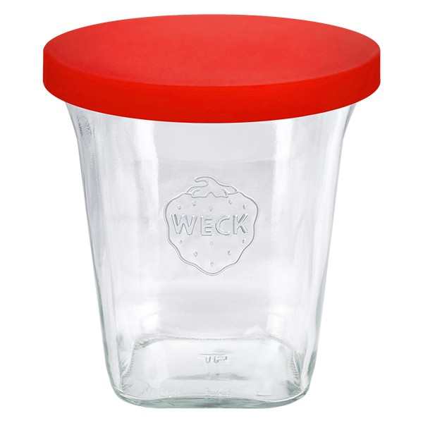 Bicchiere Quadro WECK RR100 da 545 ml con coperchio in silicone rosso