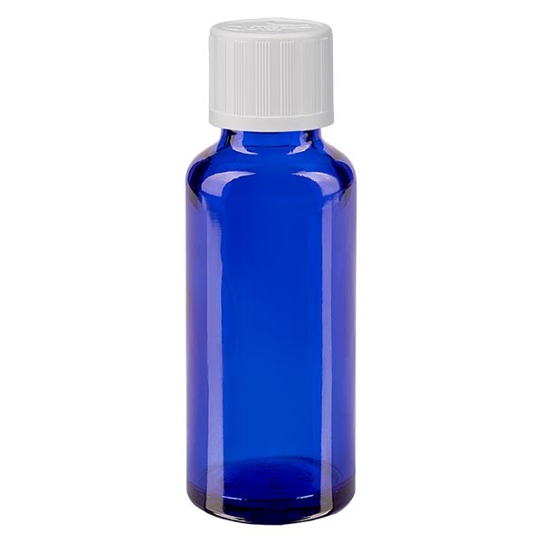 Flacone da farmacia 30 ml colore blu con tappo a vite standard colore bianco, dispositivo di blocco per i bambini