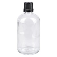 Flacone da farmacia 100 ml trasparente con tappo a vite anello salvagoccia antimanomissione colore nero Flacone da farmacia 100 ml trasparente con tappo a vite anello salvagoccia antimanomissione colore nero