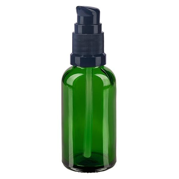 Flacone in vetro verde 30 ml con tappo a pompa colore nero