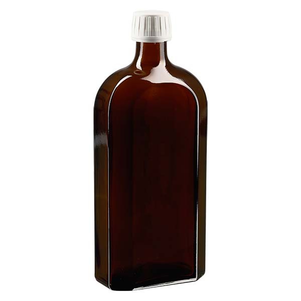 Bottiglia Meplat 500 ml colore marrone con imboccatura DIN 28, tappo a vite colore bianco DIN 28 antimanomissione in PP
