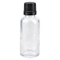 Flacone da farmacia 30 ml trasparente con tappo a vite anello salvagoccia antimanomissione colore nero Flacone da farmacia 30 ml trasparente con tappo a vite anello salvagoccia antimanomissione colore nero