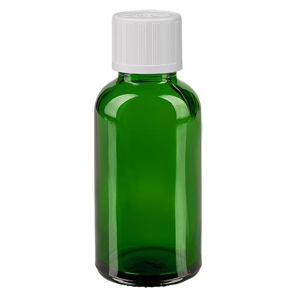 Flacone da farmacia 30 ml colore verde con tappo contagocce standard colore bianco, dispositivo di blocco per i bambini