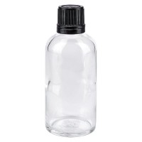 Flacone da farmacia 50 ml trasparente con tappo a vite anello salvagoccia antimanomissione colore nero Flacone da farmacia 50 ml trasparente con tappo a vite anello salvagoccia antimanomissione colore nero