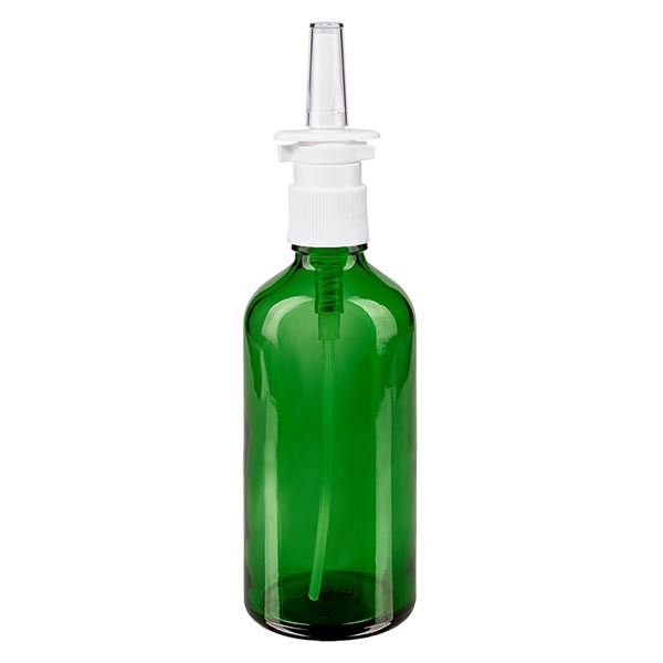 Flacone in vetro verde 100 ml con spray nasale colore bianco