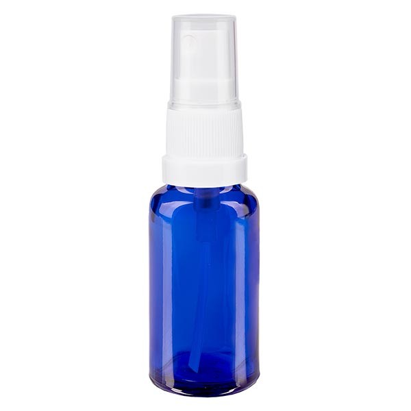 Flacone in vetro blu 20 ml con nebulizzatore a pompa bianco