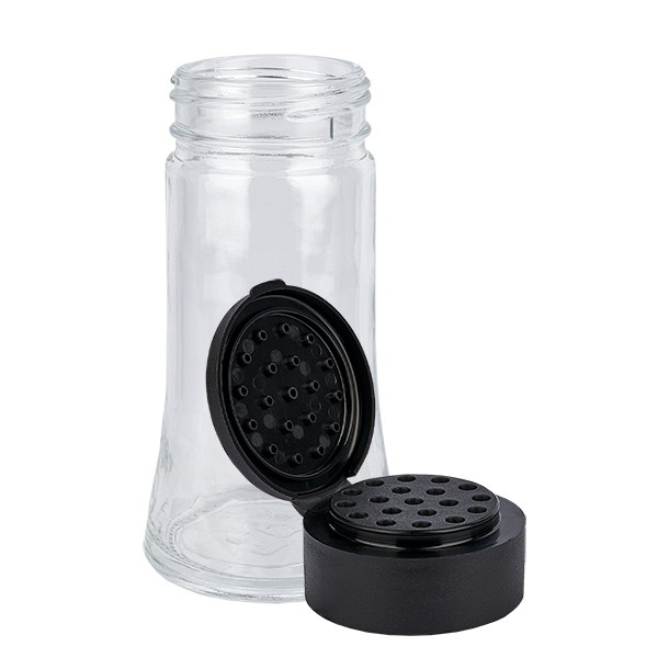 Barattolo per spezie cilindrico 95 ml con filettatura 41 mm, vetro trasparente incl. tappo a vite nero con macinino