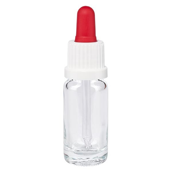 Flacone con pipetta colore transparente 10 ml, pipetta antimanomissione colore bianco/rosso