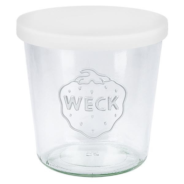 Bicchieri da 580 ml WECK RR100 con coperchio in silicone bianco