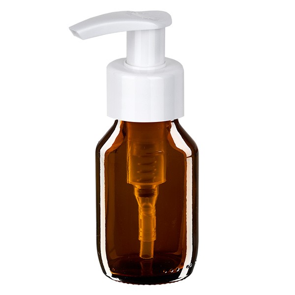 Flacone per medicinali secondo gli standard europei 50 ml colore marrone con erogatore a pompa colore bianco