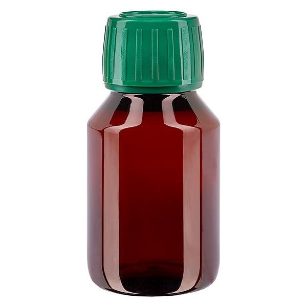 Bottiglia di medicina PET 50ml marrone (bottiglia Veral) PP28, con OV verde