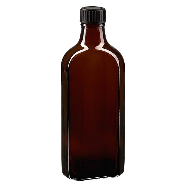 Bottiglia Meplat 200 ml colore marrone con imboccatura DIN 22, tappo a vite DIN 22 colore nero in EPE (
